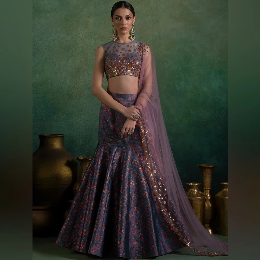 Embellished Purple and Gold Lehenga - Picture 1 of 6